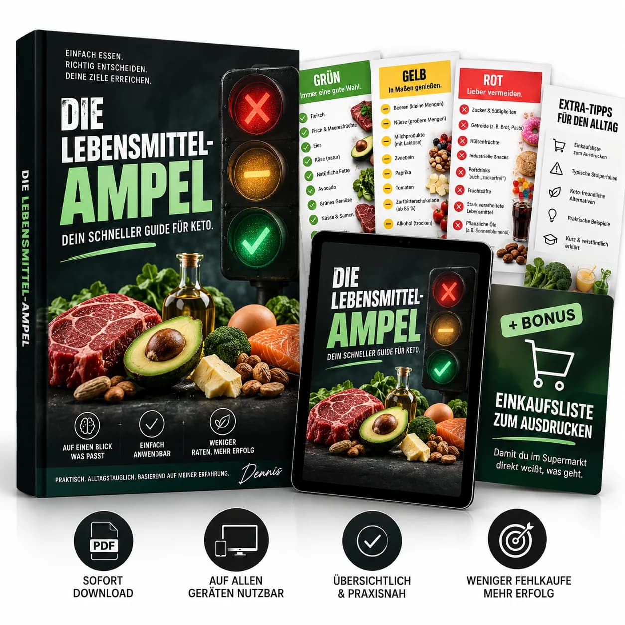 Produktansicht „Die Lebensmittel-Ampel“: Buch, Tablet-Ansicht und Karten